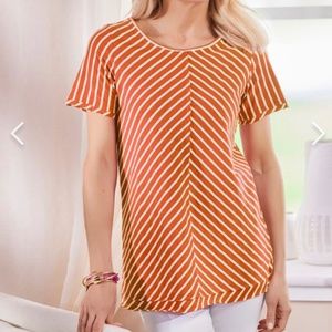 NEW WITH TAGS. SOFT SURROUNDINGS. Indra Stripe Tee. Koi Orange Stripe. Size L